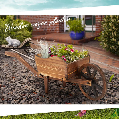 Wooden Wagon Planter Box, Garden Planter with Wagon Wheels, Flower Cart for Patio Garden Balcony, Decorative Patio Flowers Herbs Vegetables for Indoor Outdoor Decor, Brown(Rustic)