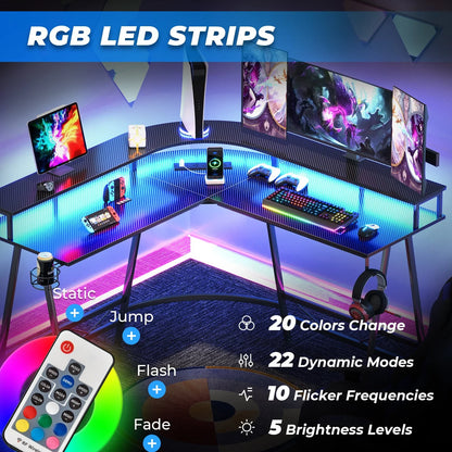 Huuger L Shaped Gaming Desk with LED Lights & Power Outlets, Computer Desk with Monitor Shelves, Home Office Desk Corner Desk with Cup Holder & Hook, Carbon Fiber Black