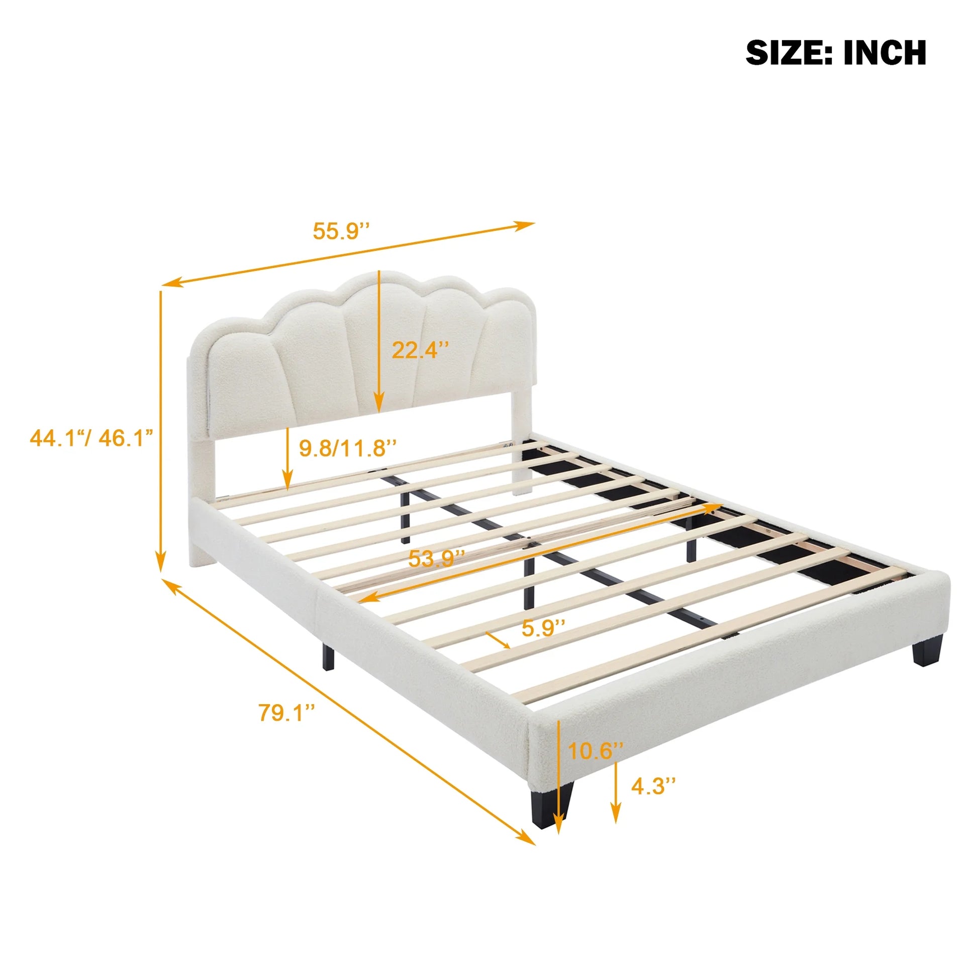 Euroco Upholstery Full Size Platform Bed with Flower-Shaped Headboard and LED Light for Kids Bedroom, Beige