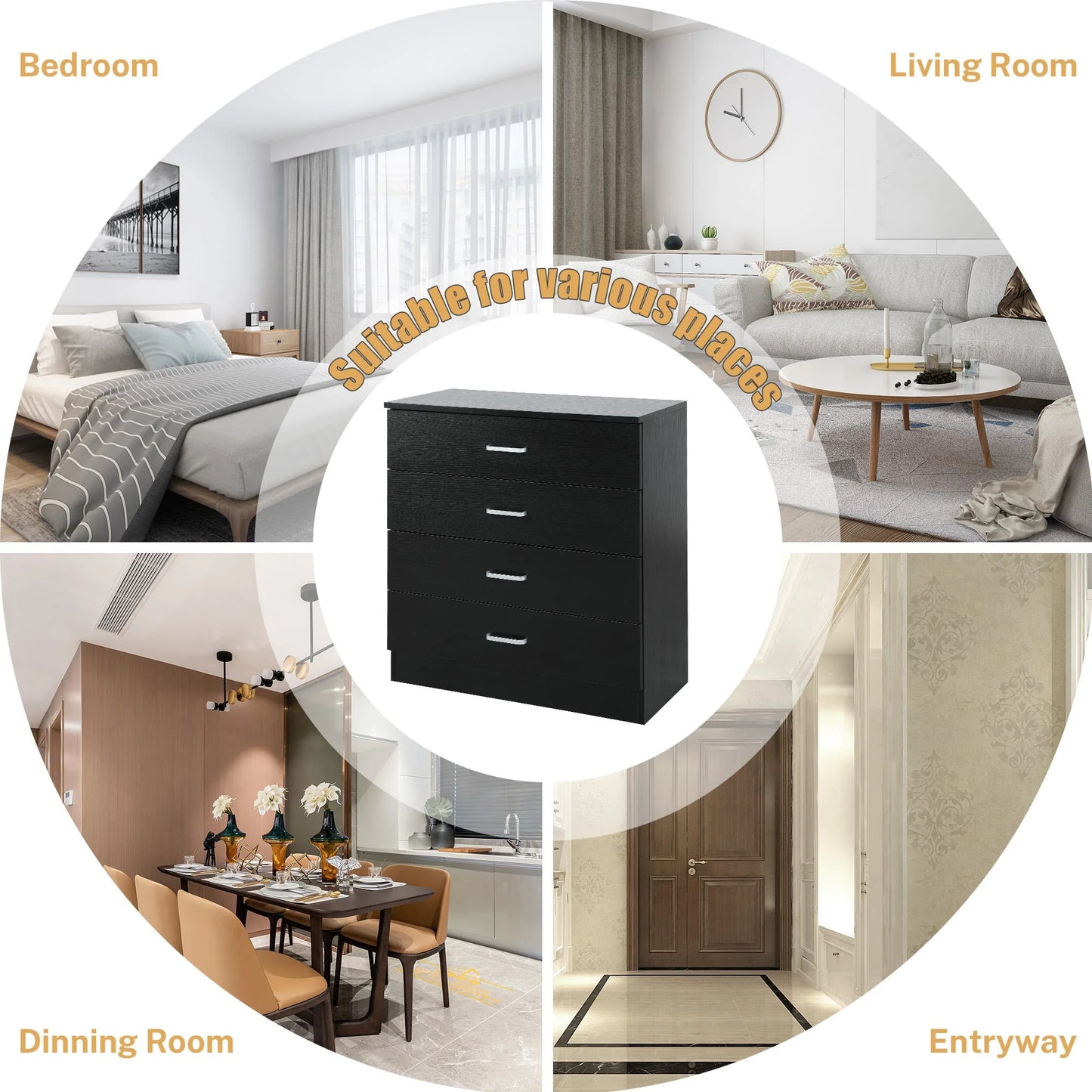 SYNGAR Black 4 Drawer Dresser, Chest of Drawers for Bedroom, Modern Storage Cabinet Dresser Organizer Unit with Handle for Living Room, Closet, Hallway, Nursery