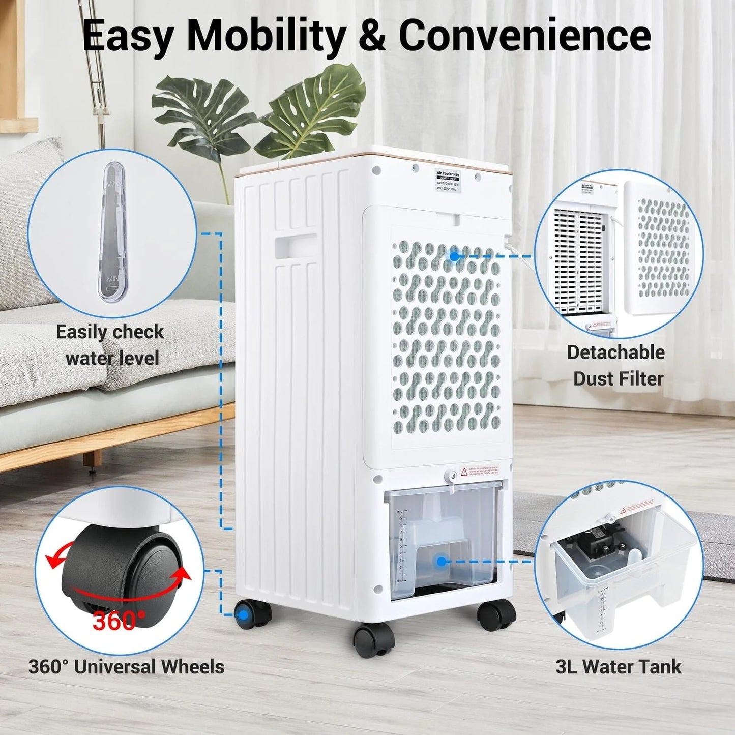 Vebreda Air Cooler Portable Evaporative Air Cooler Fan with Remote Control Casters Suitable for Home Office