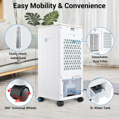 Vebreda Air Cooler Portable Evaporative Air Cooler Fan with Remote Control Casters Suitable for Home Office