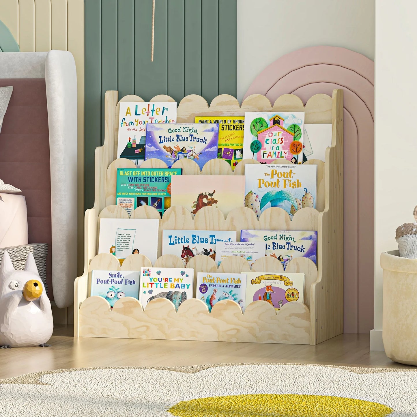 Montessori Wood Kids Bookshelf - Scalloped 4-Tier Front-Facing Book Display, Nursery Organizer for Toddler/Baby Books & Toys, Gender-Neutral Classroom Playroom Storage