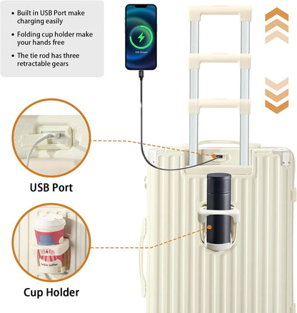 20 Inch Carry On Luggage With Cup Holder & USB Port, Airline Approved TSA-locked Luggage, Lightweight PC Material Travel Suitcase With 360° Spinner Wheel