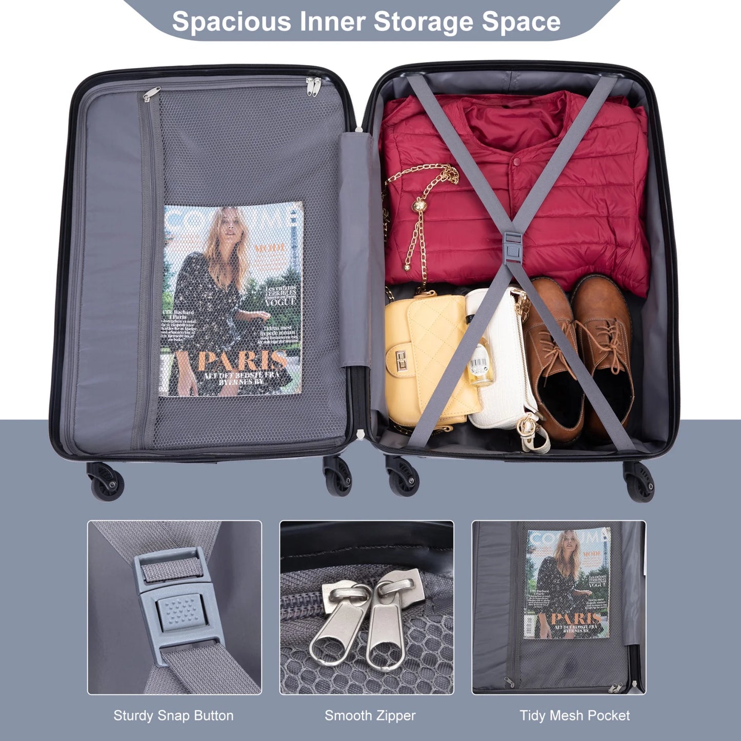 3 Piece Luggage Sets, PC Lightweight Durable Expandable Suitcase with 2 Hooks and TSA Lock, Suitcases with Wheels,21in 25in 29in,Gray
