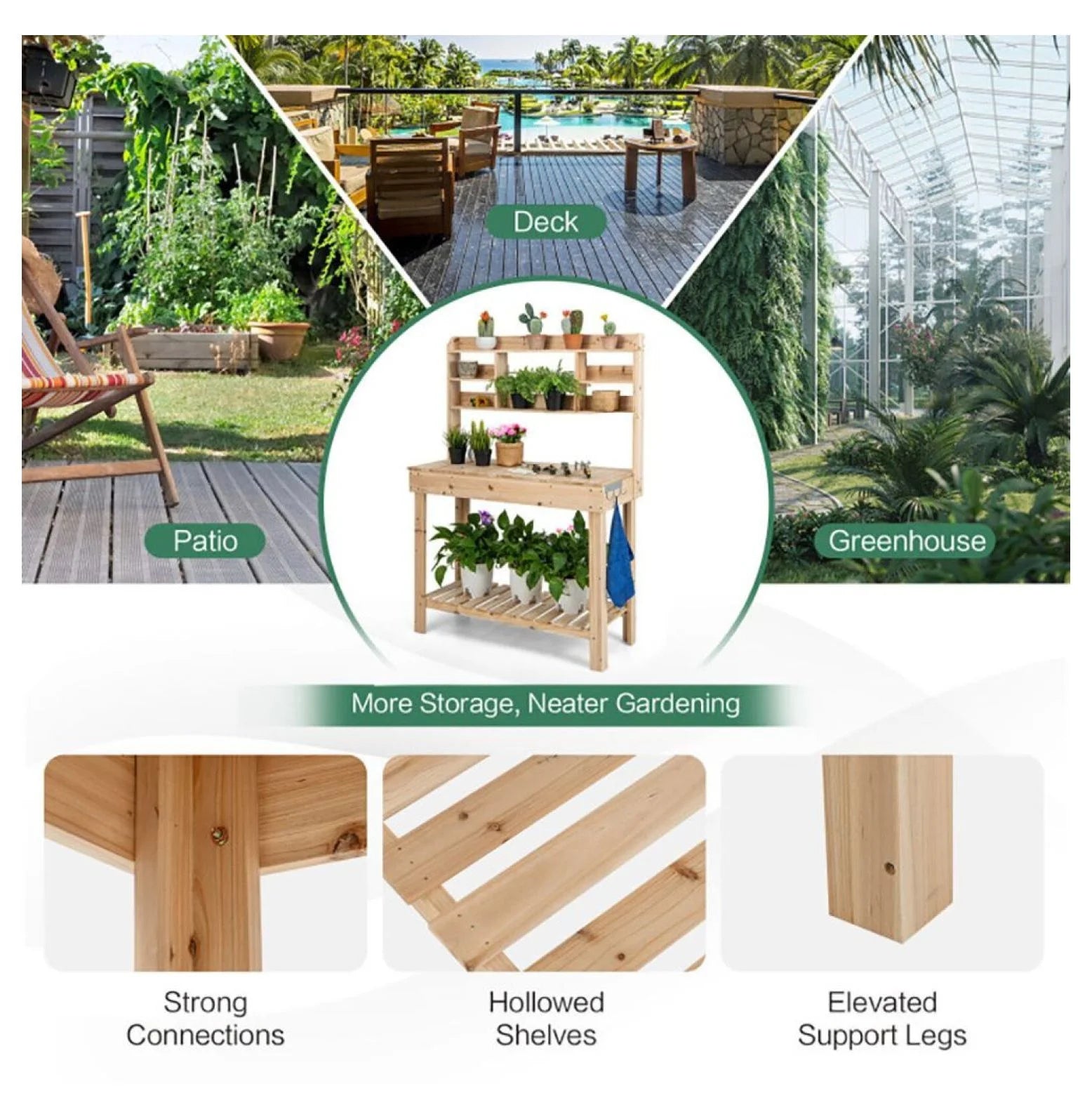 Garden Potting Bench Table with Display Rack & Sink - Outdoor Workstation for Plants, Tools & Gardening - Fir Wood - 43.5" x 19.5" x 60.5"
