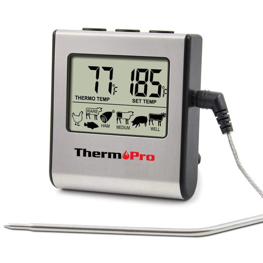 ThermoPro TP-16 Large LCD Cooking Food Meat Thermometer for Smoker Oven Kitchen BBQ Grill Thermometer Clock Timer with Stainless Steel Temperature Prob