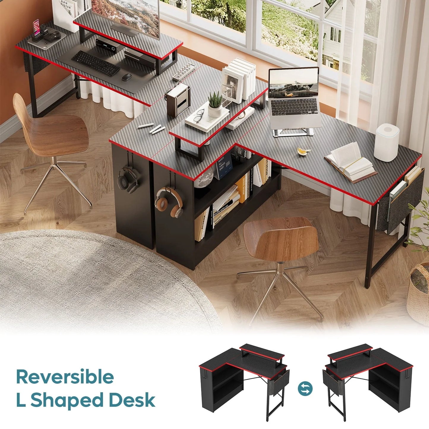Bestier 42" L-shaped Computer Desk with Shelves LED Gaming Desk Corner Desk for Home Office, Carbon Fiber