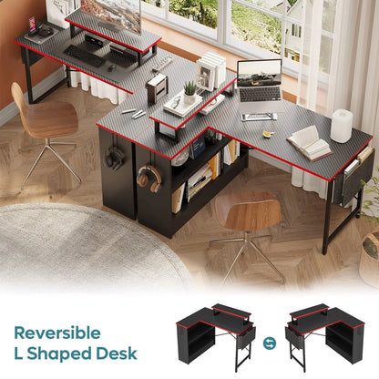 Bestier 42" L-shaped Computer Desk with Shelves LED Gaming Desk Corner Desk for Home Office, Carbon Fiber