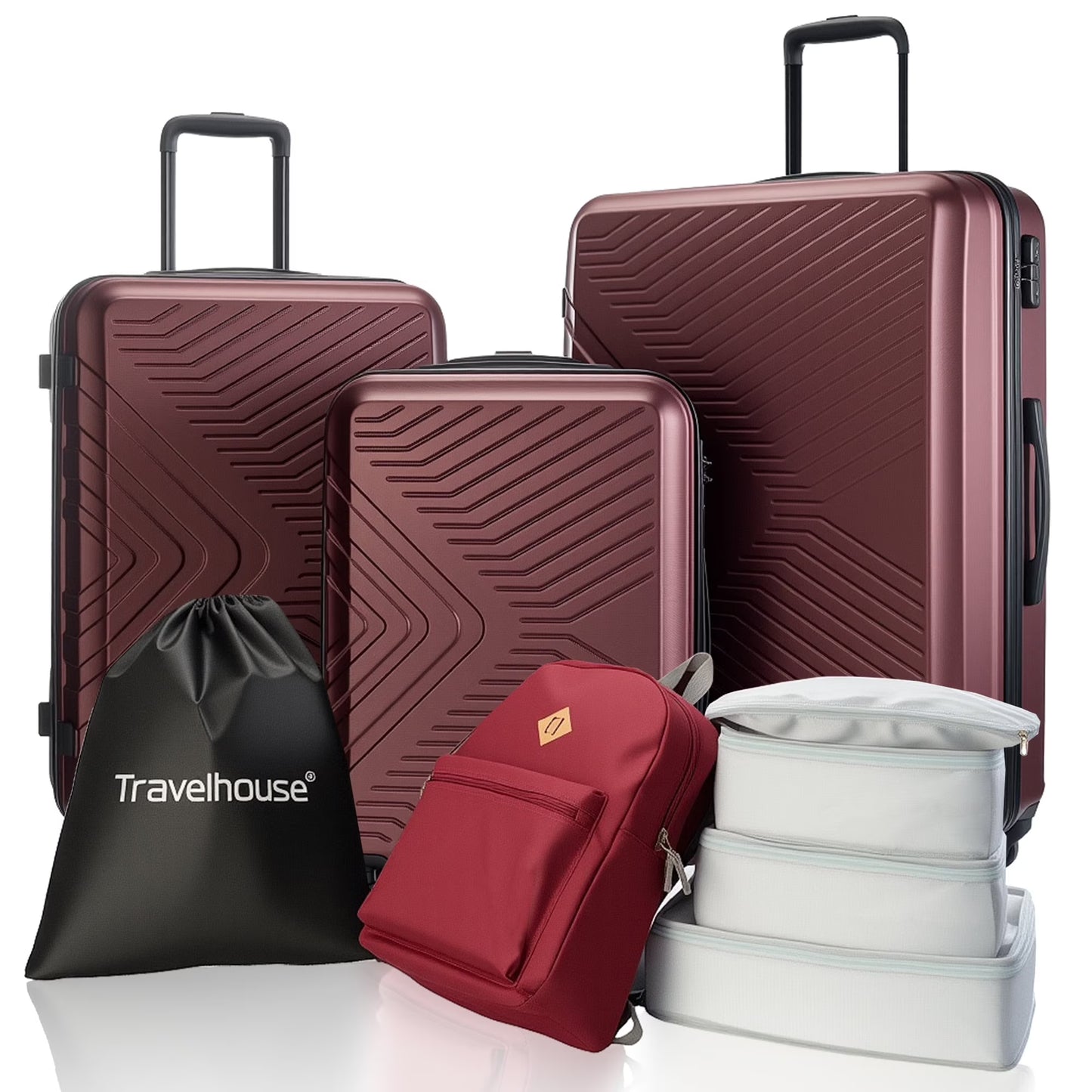 Travelhouse 3 Piece Hardside Luggage Set Hardshell Lightweight TSA Lock Spinner Wheels Suitcase with Backpack and 5 Packing Cubes.Black