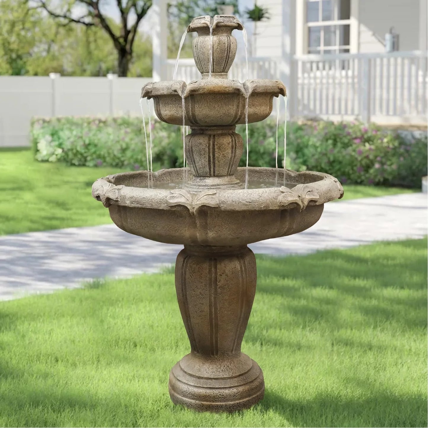 48°?H Outdoor Floor Water Fountain, 3-Tiers Concrete Water Fountain with Submersible Electric Pump - Garden Cascading Waterfall for Yard Patio Lawn Home Decor