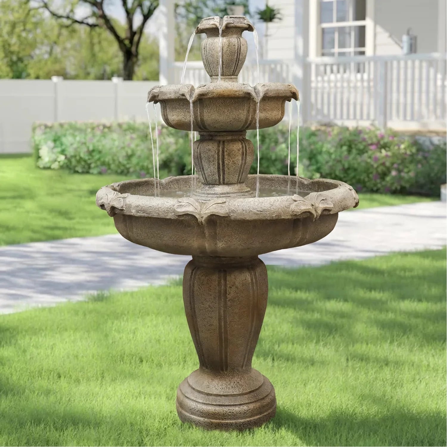 48°?H Outdoor Floor Water Fountain, 3-Tiers Concrete Water Fountain with Submersible Electric Pump - Garden Cascading Waterfall for Yard Patio Lawn Home Decor