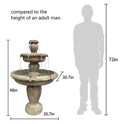 48°?H Outdoor Floor Water Fountain, 3-Tiers Concrete Water Fountain with Submersible Electric Pump - Garden Cascading Waterfall for Yard Patio Lawn Home Decor