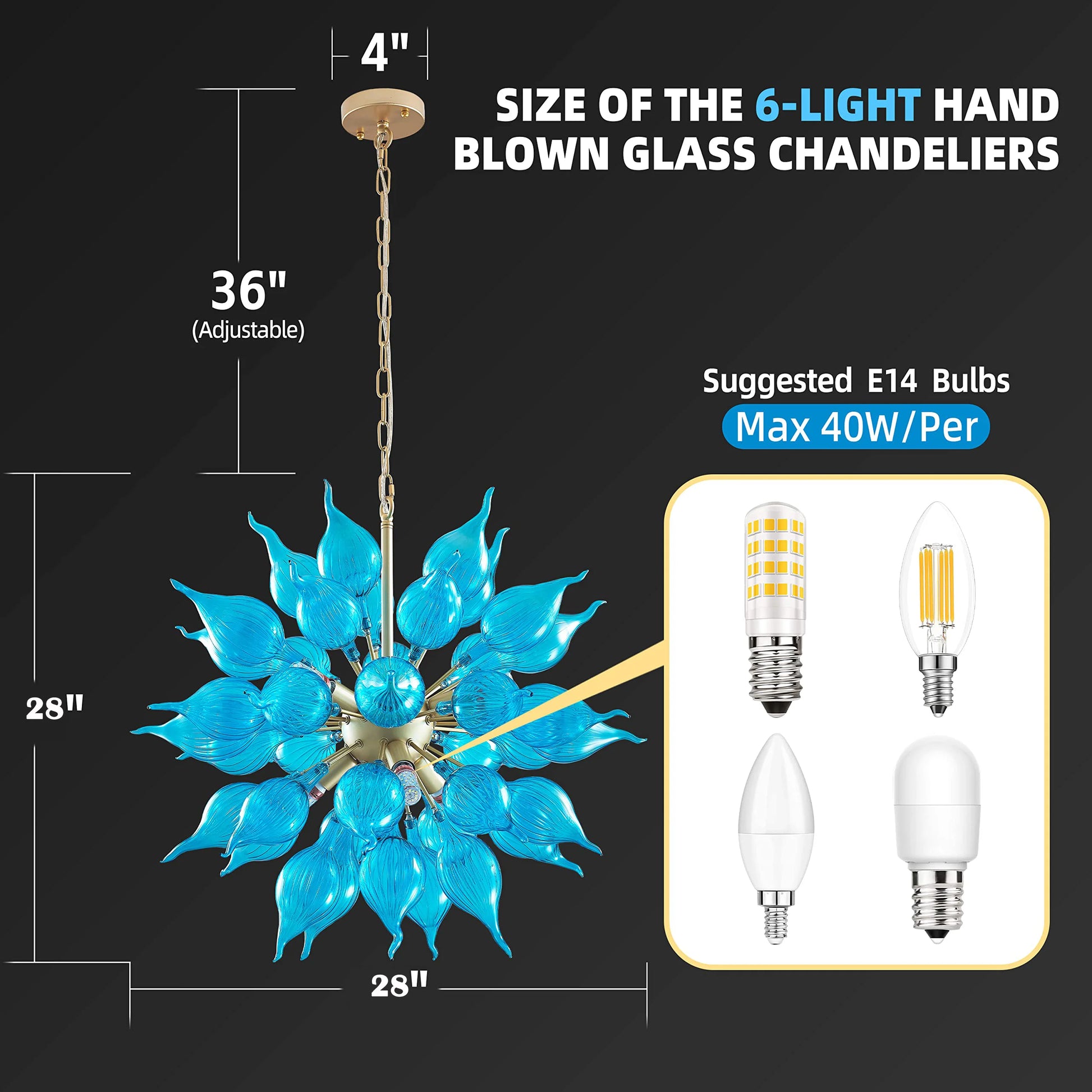 Longree 6-lights Plug in Hand Blown Glass Chandelier Modern Luxury White Flower Bud Glass Art Tall Ceiling Light Hanging Light Fixture for Kitchen, Bedroom, Dining Room, Living Room-LR1466
