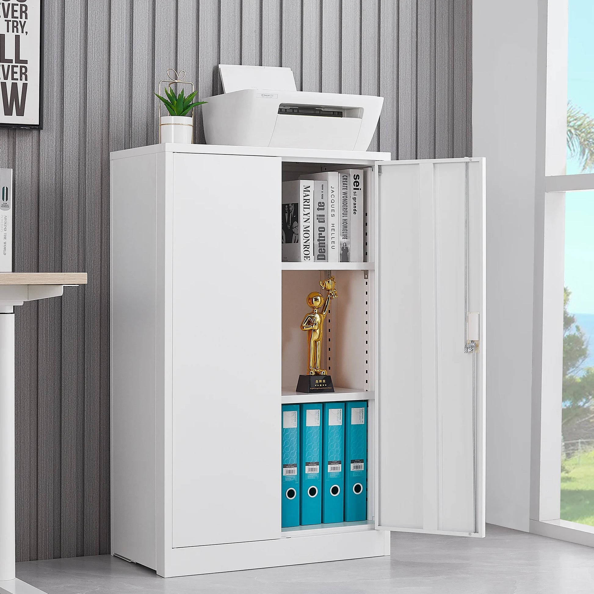 Bellemave Metal Storage Cabinet with Locking Doors and 2 Adjustable Shelf, Folding Filing Storage Cabinet, Lockable File Cabinet Metal Locker for Home Office, School, Garage, White