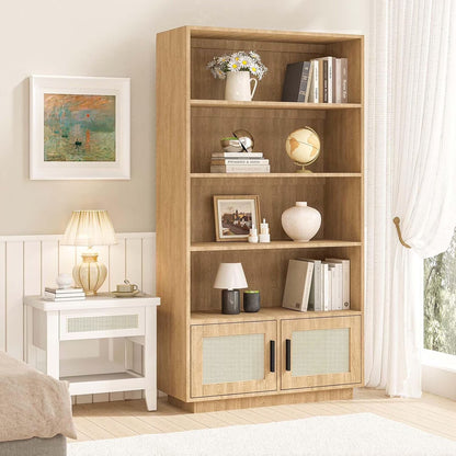 Huloretions 5 Tier Bookself, Boho Bookcase with Rattan Doors, Wooden Bookcase and Bookshelf with Storage, Tall Book Stand, Large Bookshelf for Living Room, Bedroom, Home Office, Kitchen