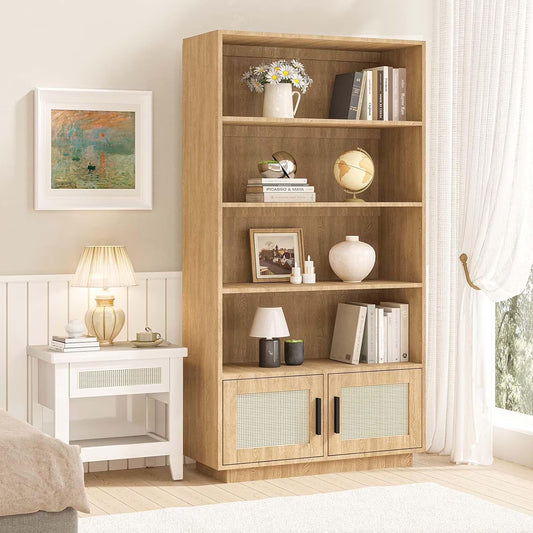 Huloretions 5 Tier Bookself, Boho Bookcase with Rattan Doors, Wooden Bookcase and Bookshelf with Storage, Tall Book Stand, Large Bookshelf for Living Room, Bedroom, Home Office, Kitchen