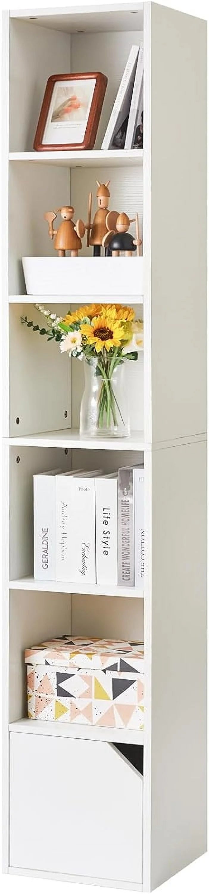 6 Tier Narrow Bookcase with Doors, Cube CD DVD Storage Cabinet,Slim Media Tower Rack,Cabinet,Black Bookcase Display Storage Shelves for Small Spaces,for Home Office Black