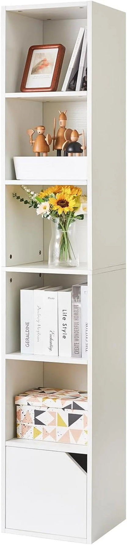 6 Tier Narrow Bookcase with Doors, Cube CD DVD Storage Cabinet,Slim Media Tower Rack,Cabinet,Black Bookcase Display Storage Shelves for Small Spaces,for Home Office Black