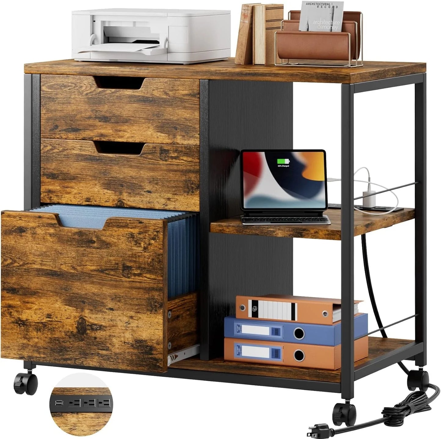 YaFiti File Cabinet, Wooden Rolling File Cabinet with Socket USB Charging Port, Lateral Filing Cabinet Organizer for Home Office , Rustic Brown