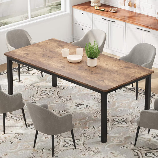 78.7in Industrial Dining Table for 8, Wooden Long Dinner Table with Mortise Tenon Design, Kitchen Table with Sturdy Metal Legs, for Dining Room Home Office Living Room, Retro Brown