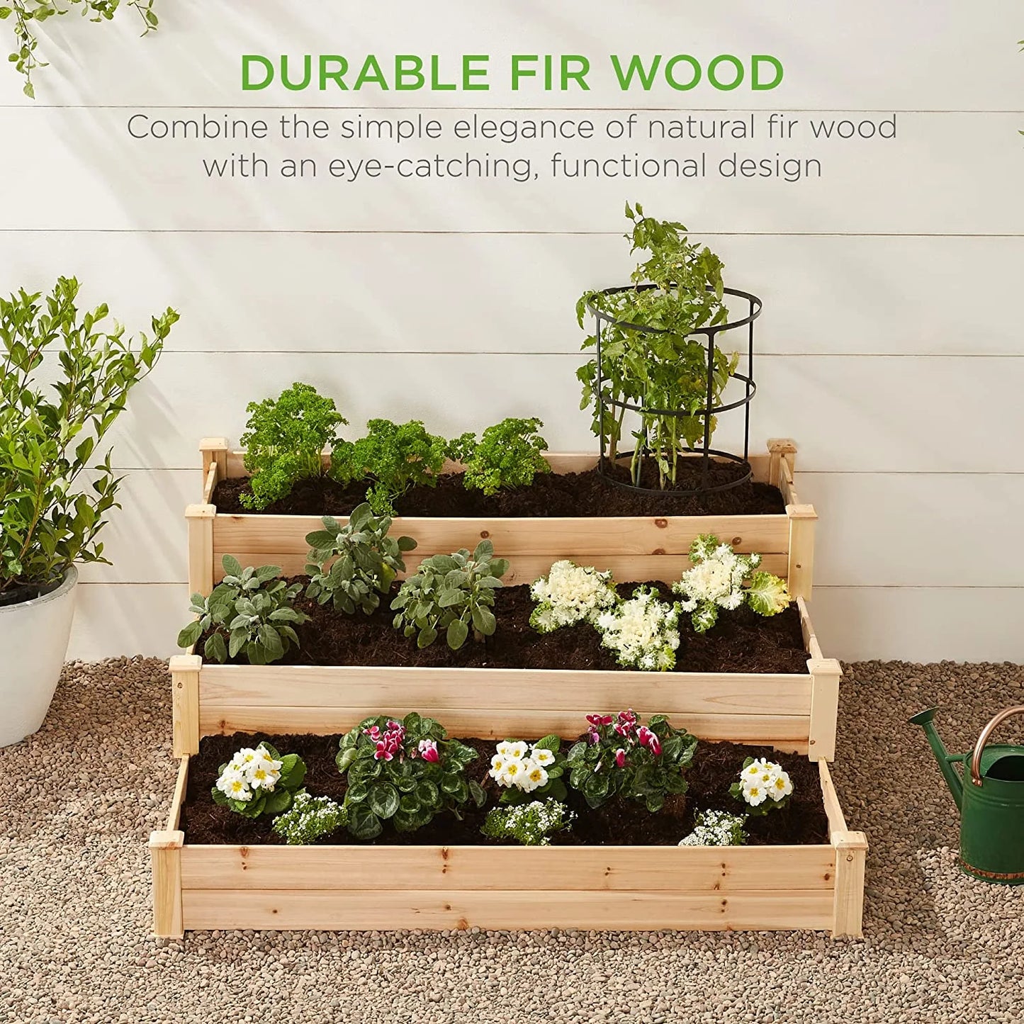 PINDEE 3-Tier Fir Wood Raised Garden Bed Planter Kit for Plants, Herbs, Vegetables, Outdoor Gardening w/Stackable & Flat Arrangement, Easy Assembly - Natural