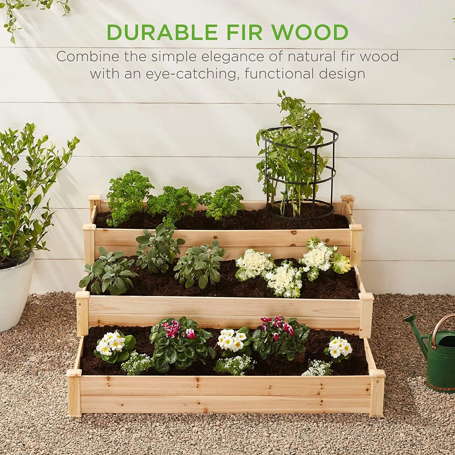 PINDEE 3-Tier Fir Wood Raised Garden Bed Planter Kit for Plants, Herbs, Vegetables, Outdoor Gardening w/Stackable & Flat Arrangement, Easy Assembly - Natural