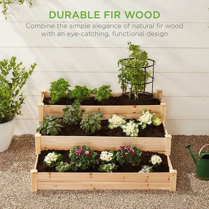 PINDEE 3-Tier Fir Wood Raised Garden Bed Planter Kit for Plants, Herbs, Vegetables, Outdoor Gardening w/Stackable & Flat Arrangement, Easy Assembly - Natural