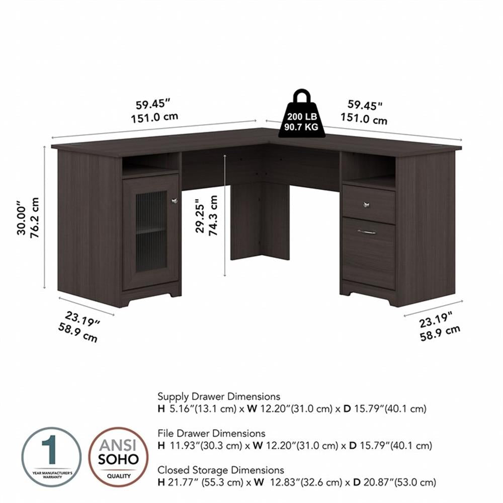Pemberly Row 60" Home Office L-Shape Desk with 4-Port USB Hub and File Drawer in Heather Gray