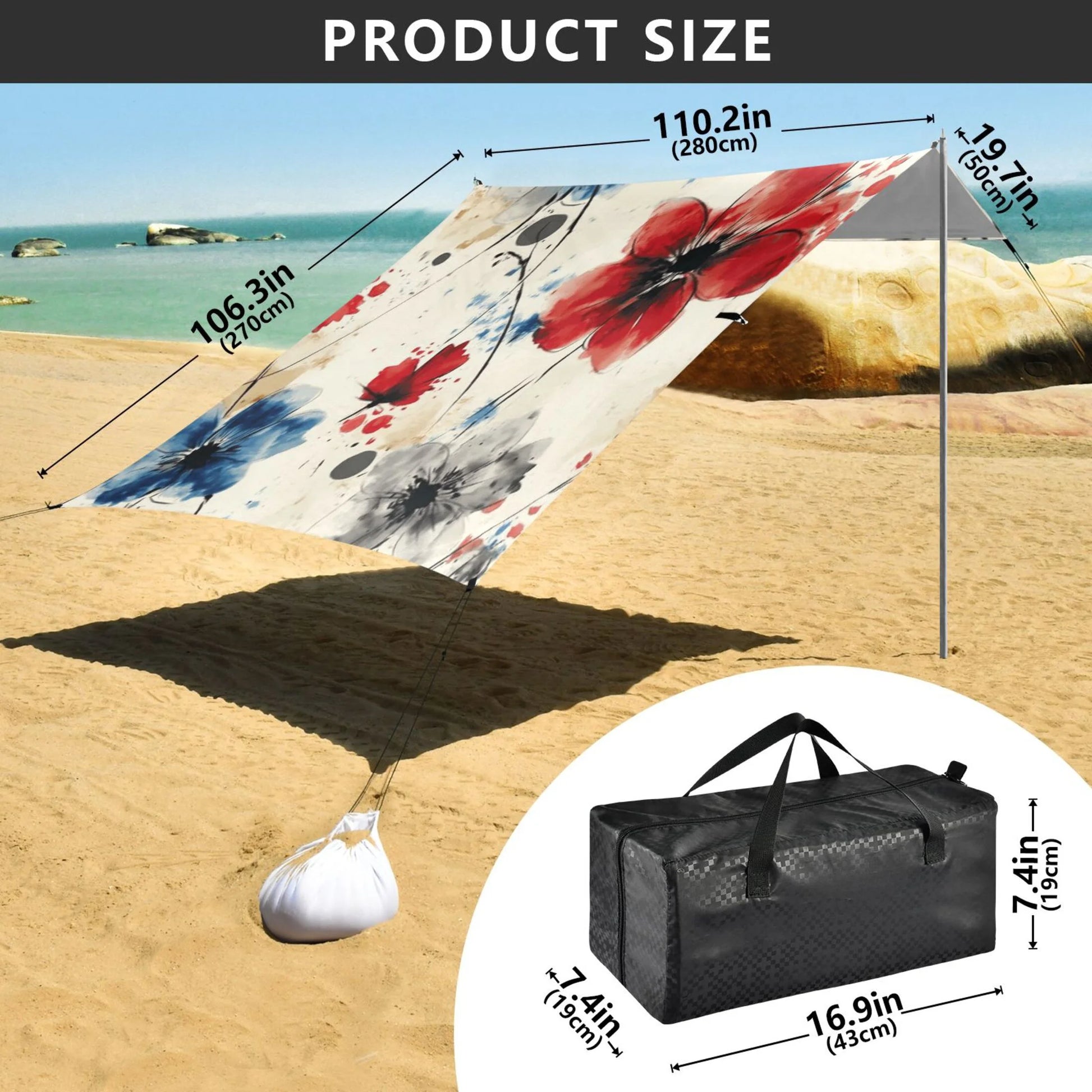 Beach Tent Beach Canopy 9.2x10.5Ft Beach Tent Sun Shelter Outdoor Canopy with Carry Bag for Camping, Backyard and Picnics Blue and Red Flowers
