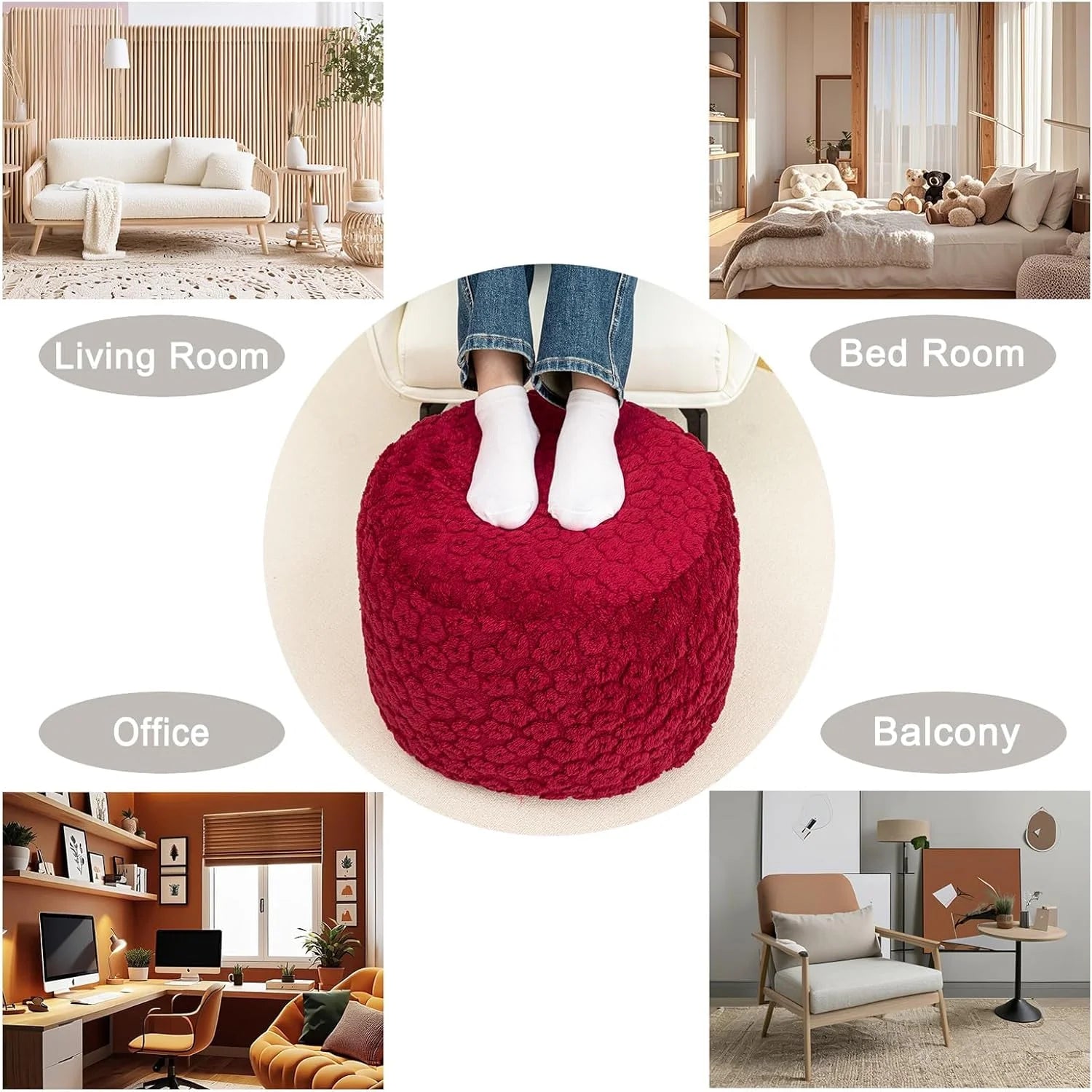 Ottoman Foot Rest Stuffed Round Boho Floor Poof Seating Armchair Ottoman Foot Stool Floor Cushion Bean Bag Pouf 18x18x14 Inch Burgundy