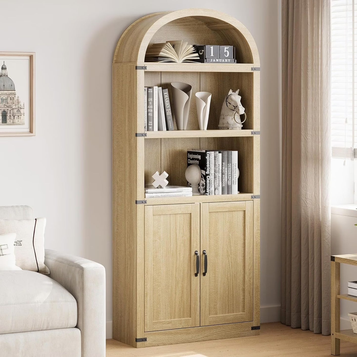 Accreate Bookcase 5 Shelf Arched Bookshelf 71.65in Tall Bookcase Farmhouse Display Storage Rack Wooden Bookshelves for Home office, Living Room