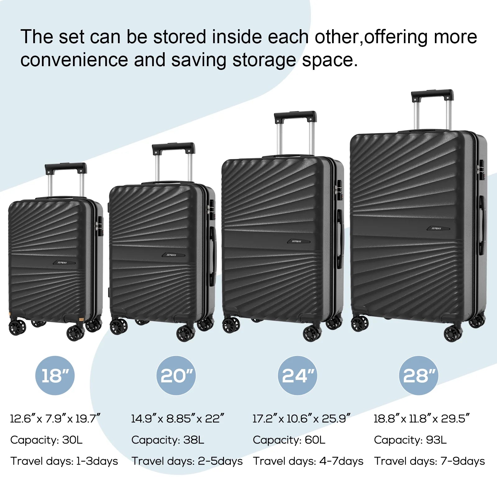 Joyway 6-Piece Hardside Luggage Set with Spinner Wheels and TSA Lock, Lightweight Carry-On Luggage Set for School, Travel, Weekend (Black)