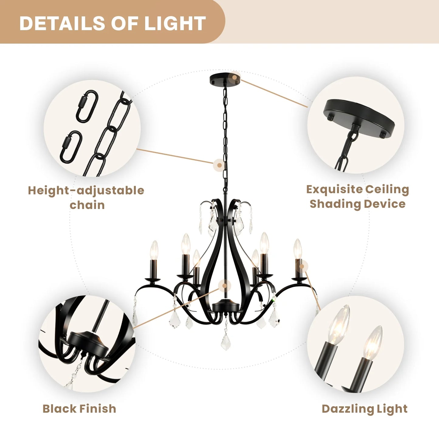 Magic Home 6-Light Modern Farmhouse Chandelier,Classic Candle Ceiling Pendant Light Fixture,Black