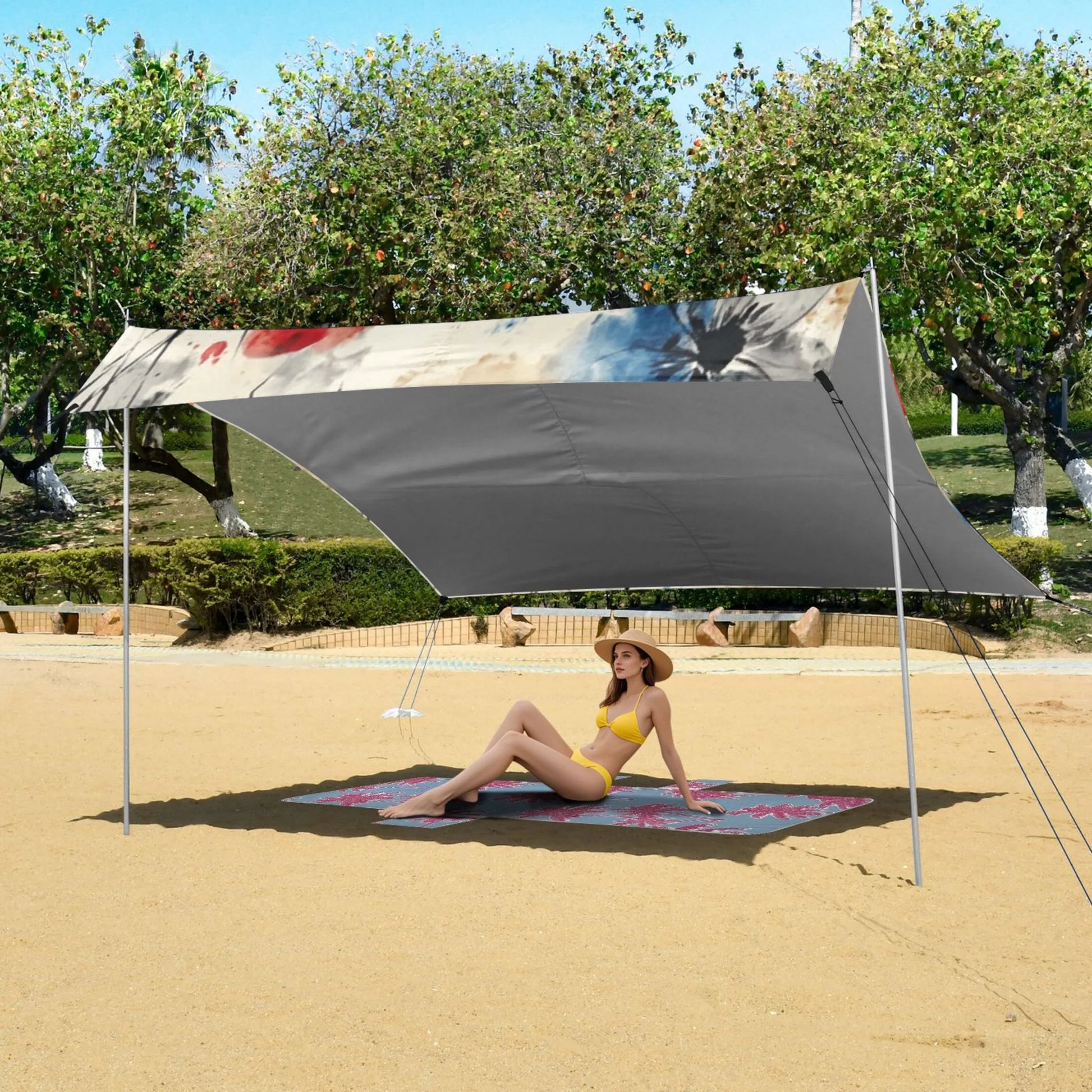Beach Tent Beach Canopy 9.2x10.5Ft Beach Tent Sun Shelter Outdoor Canopy with Carry Bag for Camping, Backyard and Picnics Blue and Red Flowers