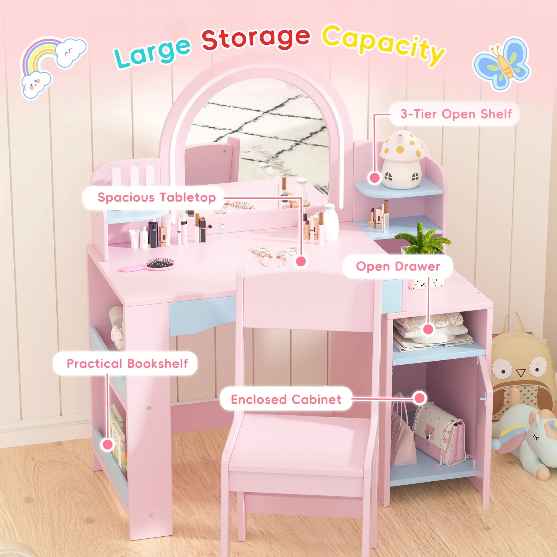 Kids 2-in-1 Princess Vanity Table Set with Jewelry Storage and Open Shelves, White