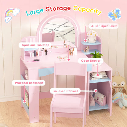 Kids 2-in-1 Princess Vanity Table Set with Jewelry Storage and Open Shelves, White
