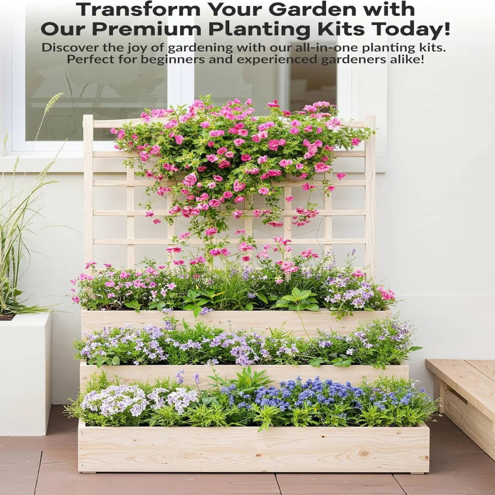 Large Raised Garden Bed with Trellis,3 Tier Standing Planter Box with Open-Base,Outdoor Elevated Garden Trellis for Vine Climbing, Flower Vegetable Fruit Herb Growing