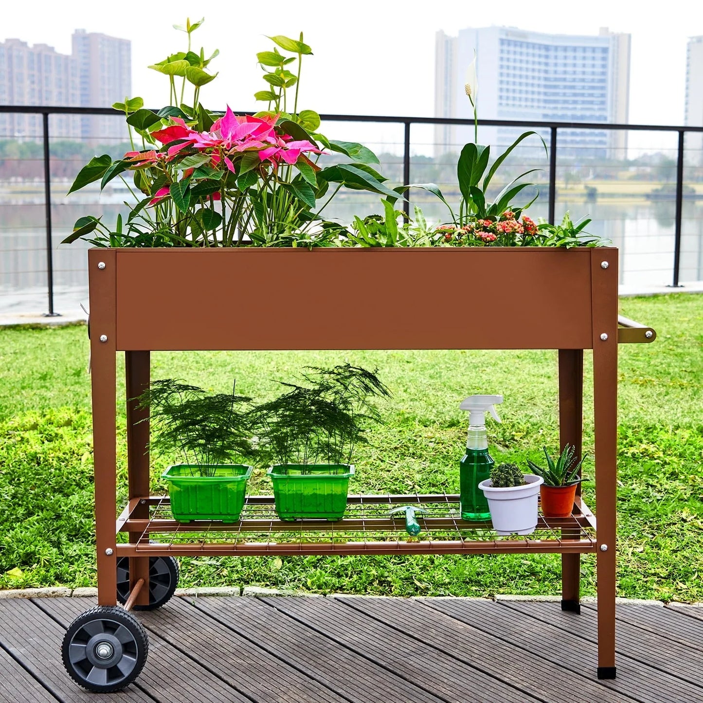 EXCITED WORK Brown Mobile Metal Raised Garden Bed, Outdoor/Indoor Garden Pots with Handles, Wheels and Shelves for Vegetables Flowers Fruits Apartment Patio Stand-37.4 inches Long