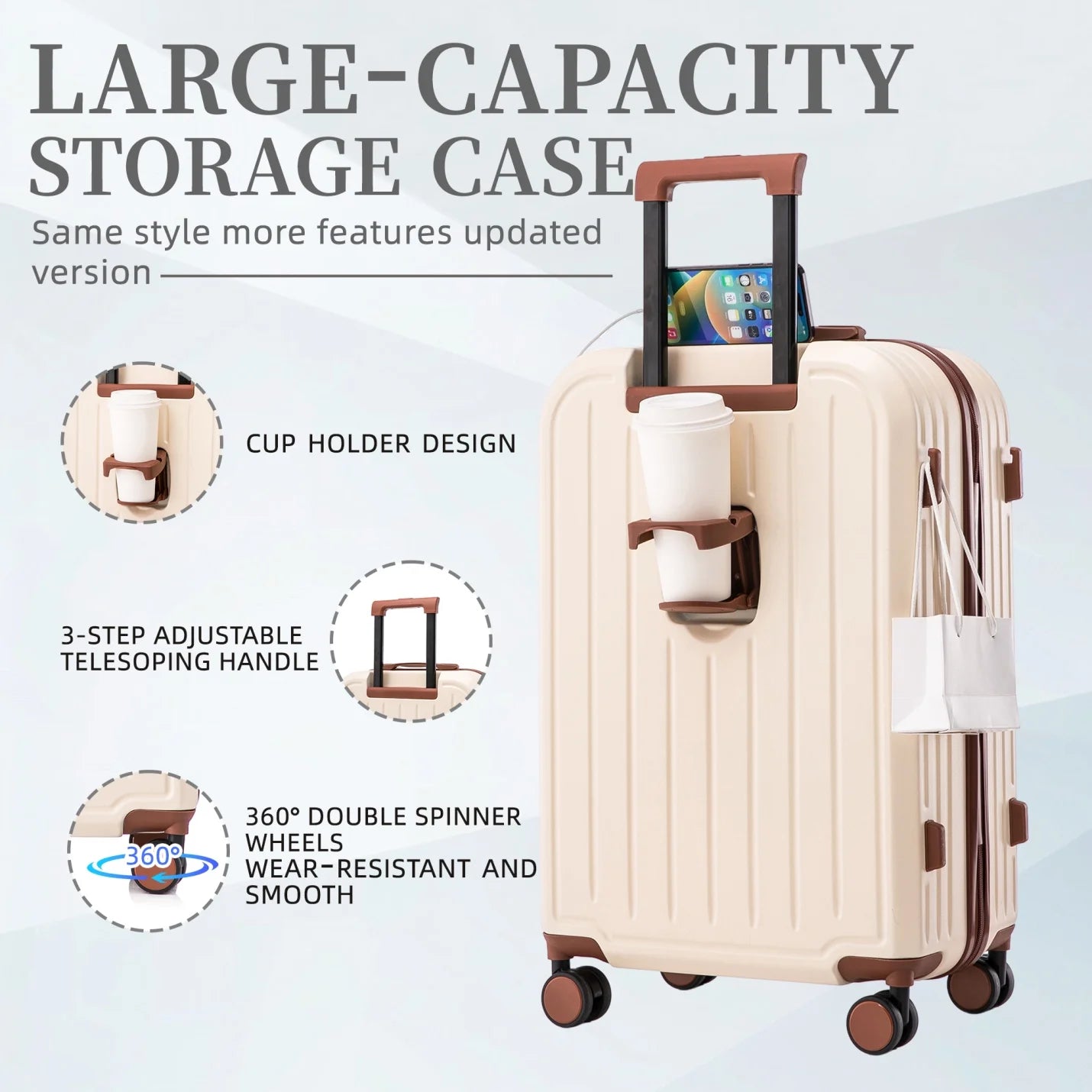 20/24/28 Inch ABS Hardshell Spinner Luggage with 3-Step Adjustable Handle, Carry-On Suitcase with USB Charging Port & Cup Holder, Waterproof Lightweight Suitcase for Travel
