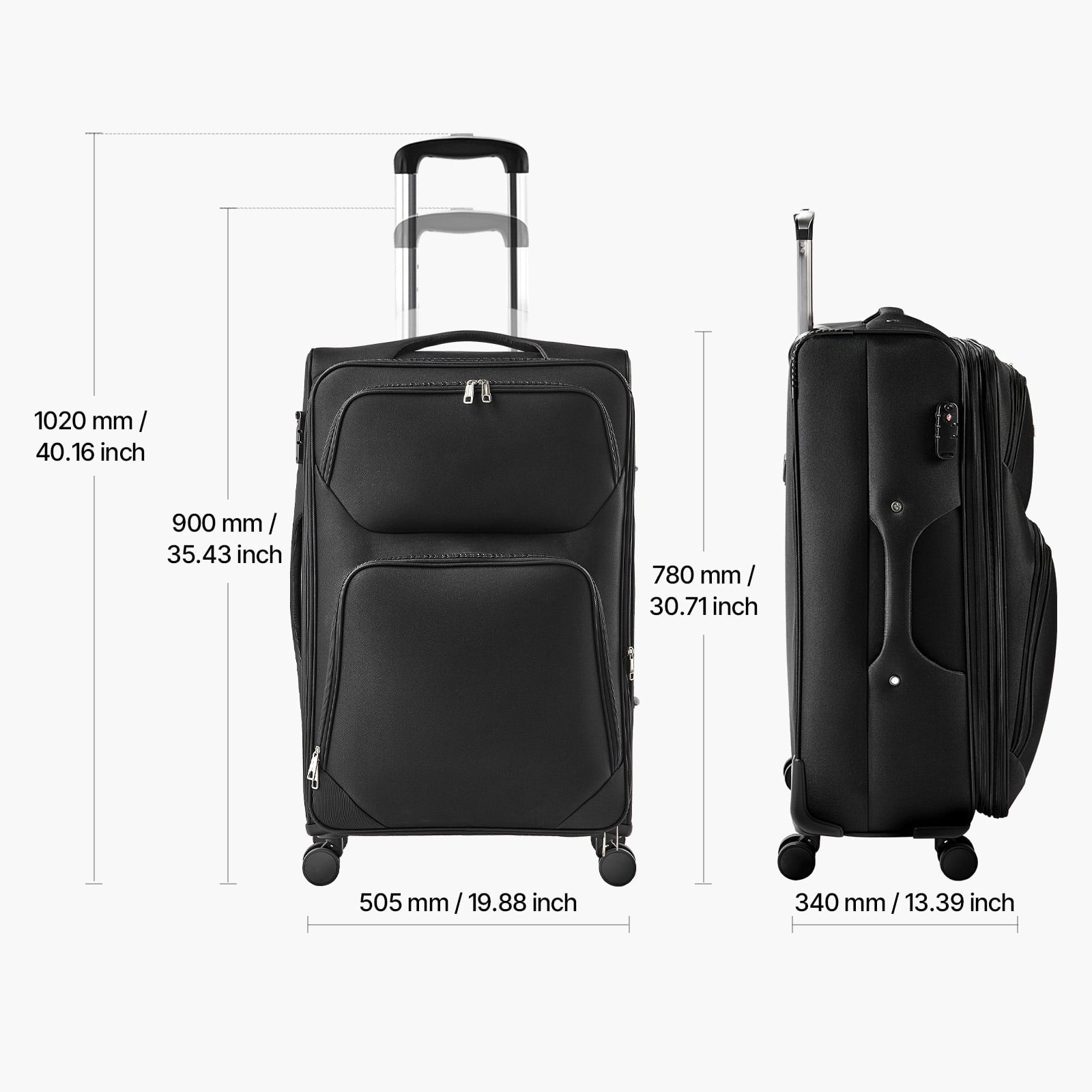 KFFKFF Expandable 28-Inch Softside Luggage with Spinner Wheels, Lightweight Checked Suitcase Featuring TSA Lock and Extra Zippered Pocket, Black