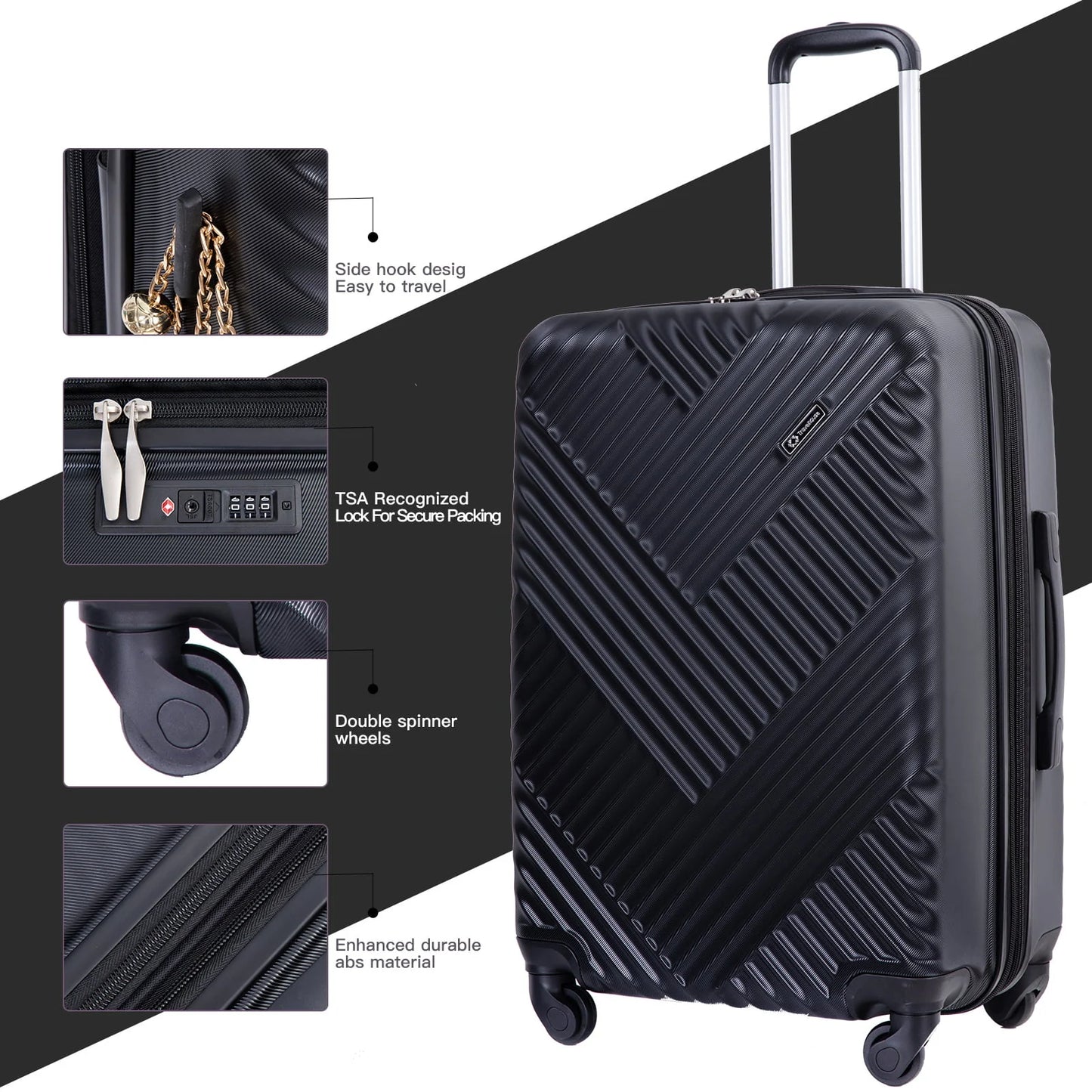 Travelhouse 3 Piece Luggage Set Hardshell Expandable Lightweight Suitcase with TSA Lock Spinner Wheels 20in24in28in.(Black)