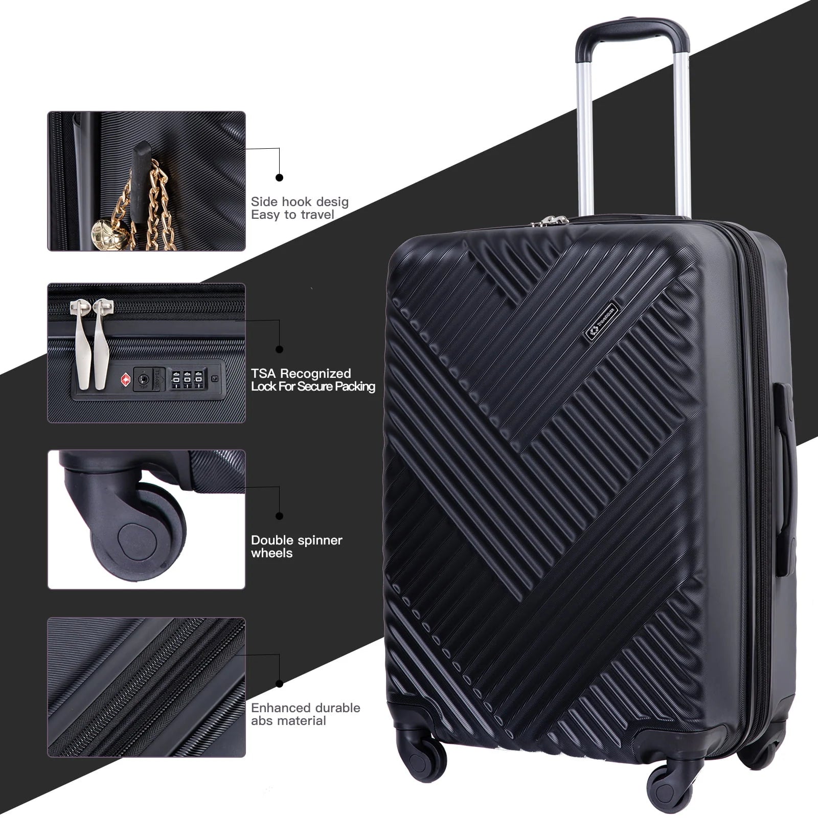 Travelhouse 3 Piece Luggage Set Hardshell Expandable Lightweight Suitcase with TSA Lock Spinner Wheels 20in24in28in.(Black)
