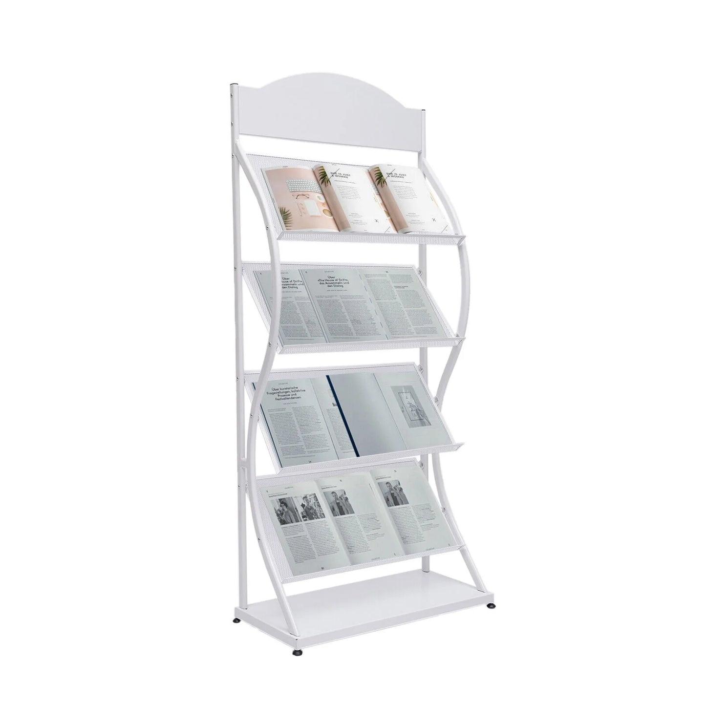 4-Layer Floor-Standing Magazine Display Rack Newspaper Book Storage Rack White 4 Tiers Floor-Standing Magazine Rack Information Storage