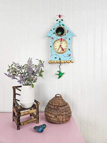14.9 Inch | Stone Resin Decorative Clocks for Walls Home Decor Kitchen Clocks | Allen Designs Birdhouse with Flowers Cuckoo Wall Clock - Battery Operated Pendulum Analog Clock
