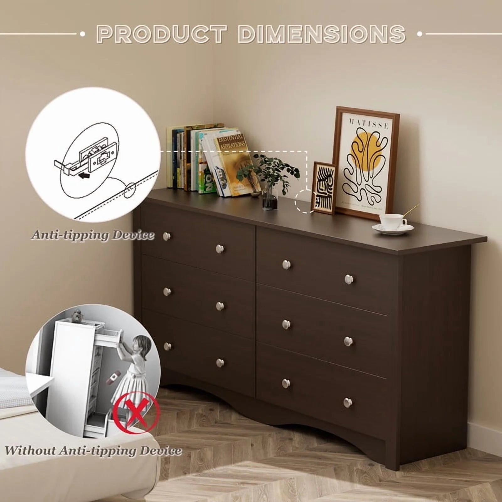 Lumihaven Rustic Modern Chest of 6 Drawers,Extra Wide Double Dresser for Master Bedroom or Nursery Storage,Black