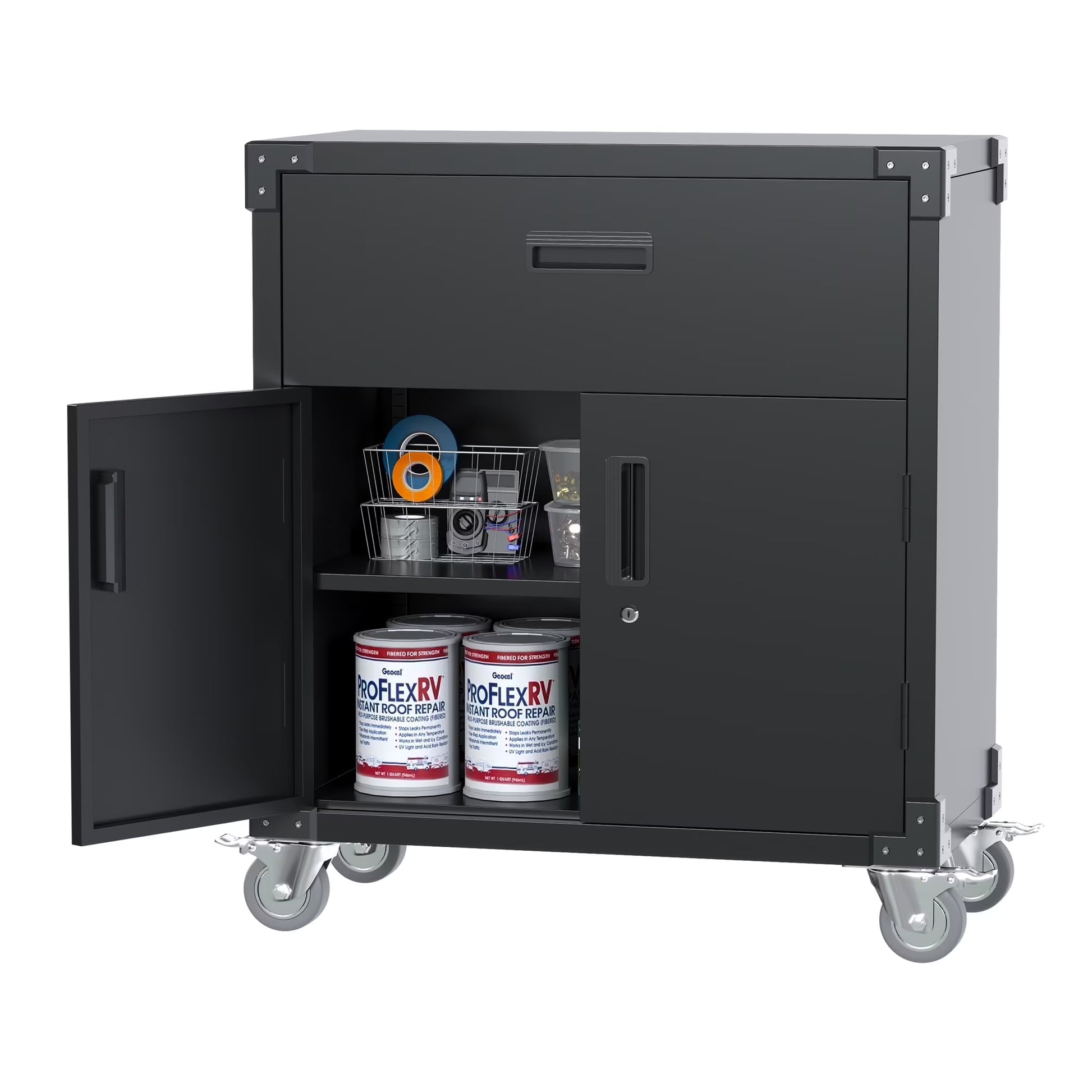 Gaeanet Rolling Tool Storage Cabinet with 5 Adjustable Shelves and Pegboard,Metal Garage Storage Cabinet with Wheels for Garage Home Office Utility Room,71" H32" W16" D,Required Assembly, Black
