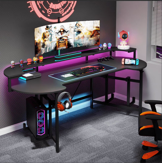 Tribesigns Gaming Desk with Monitor Shelf, 75 inch PC Computer Desk with LED Strip, Carbon Fiber Surface Gaming Table Gamer Workstation for Bedroom, Home Office, Black