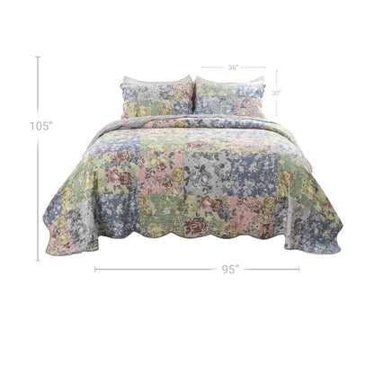 Eni 3 Piece California King Cotton Quilt Set, Pastel Blue Flower Design- Saltoro Sherpi