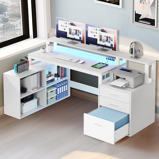 Dextrus 65" L Shaped Desk with Power Outlets and Monitor Stand , Computer Desk with LED Light &File Cabinet, Corner Desk with 3 Drawers & 4 Open Storage Shelves, Modern Home Office Desk, White